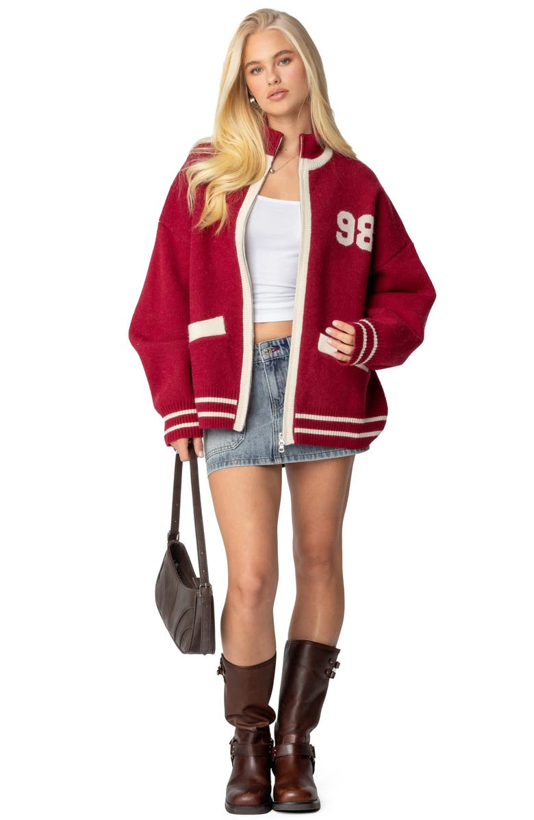 EDIKTED 98 Varsity Zip Sweater, Alternate, color, Burgundy