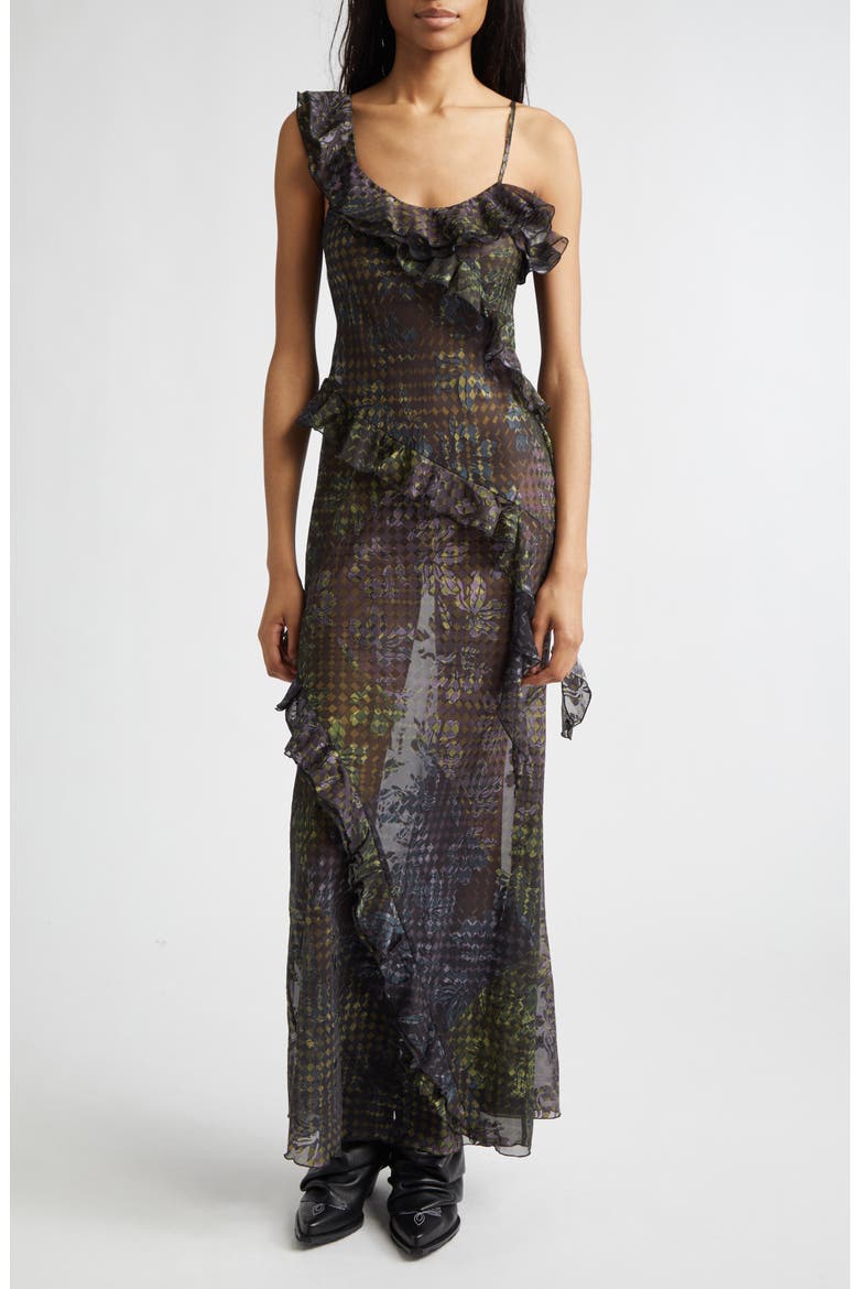 Monica Tiered Ruffle Chiffon Maxi Dress with Detachable Scarf Tie, Alternate, color, BLACK MULTI