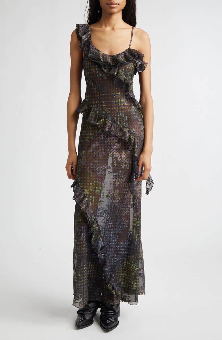 Siedrés Monica Tiered Ruffle Chiffon Maxi Dress with Detachable Scarf Tie, Alternate, color, Black Multi