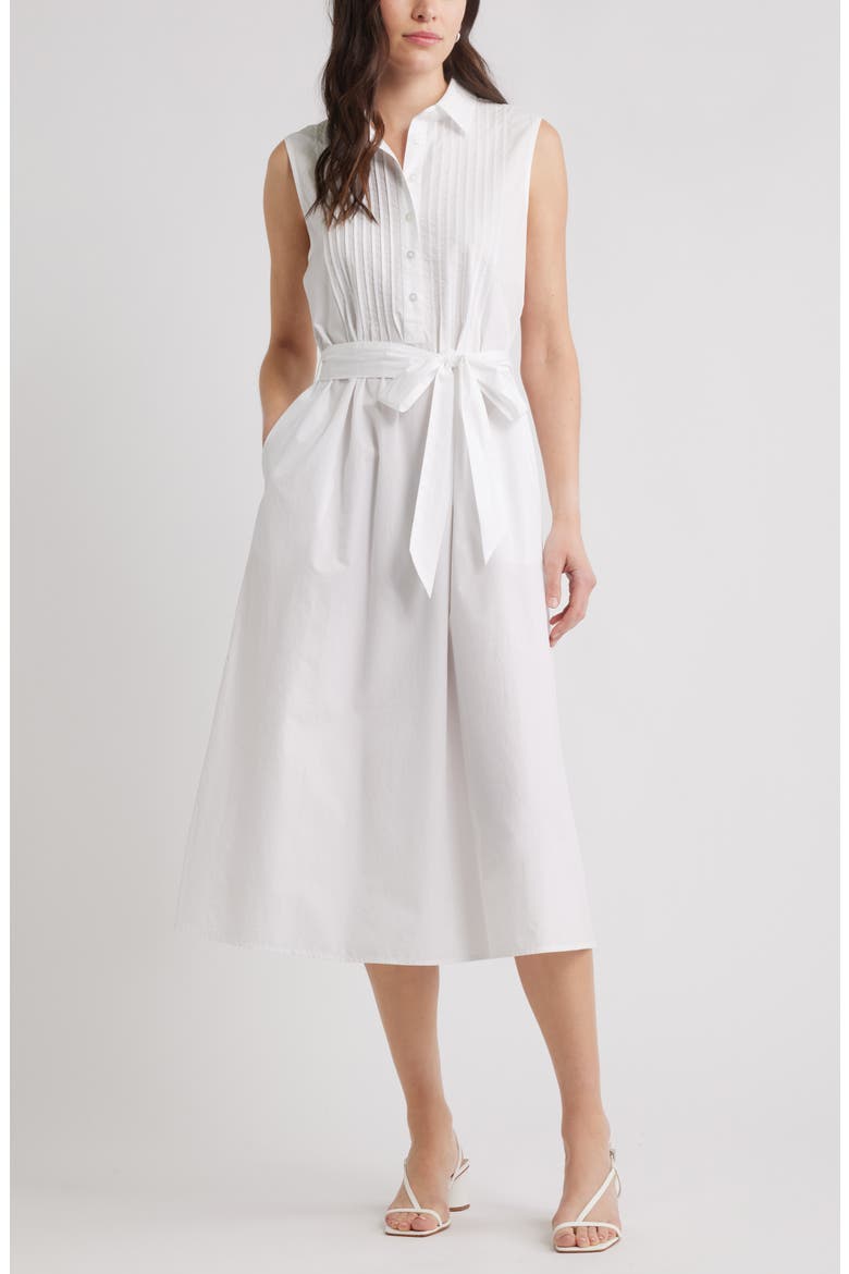 Pintuck Sleeveless Cotton Poplin Shirtdress, Main, color, WHITE