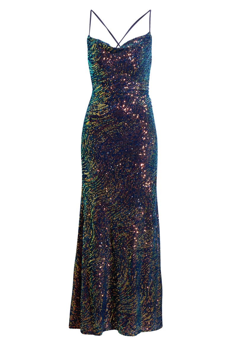 Rainbow Swirl Sequin Gown, Alternate, color, NAVY