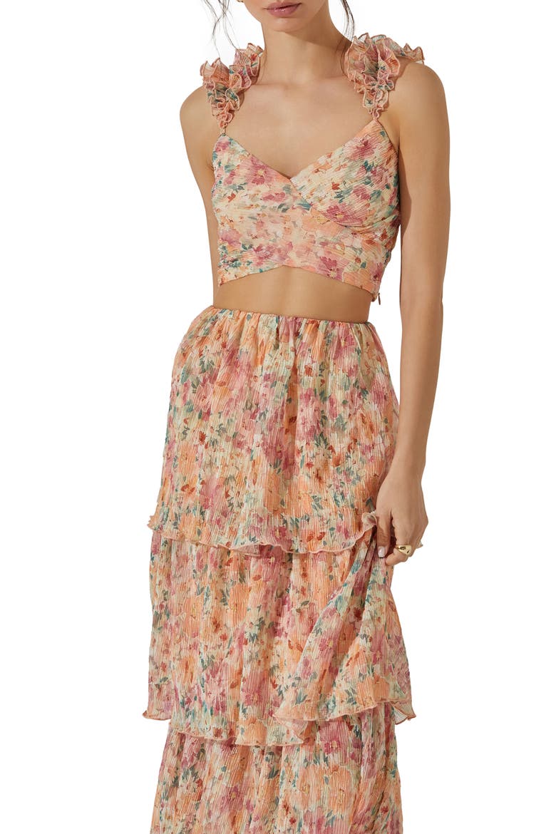 Floral Ruffle Strap Plissé Crop Top, Main, color, GREEN ORAN
