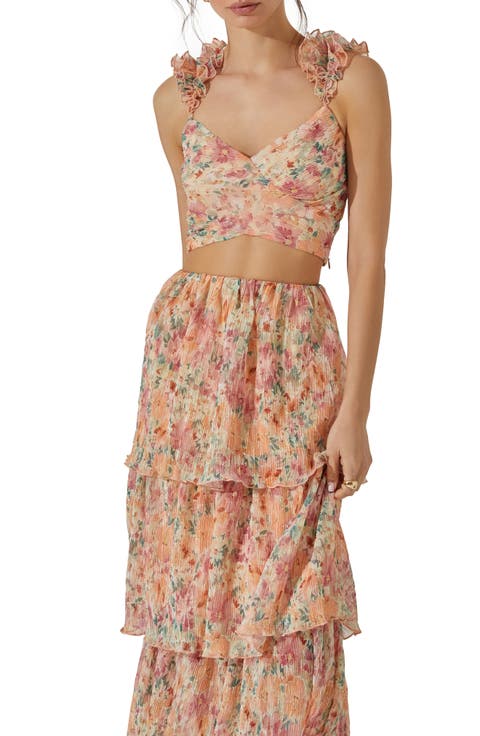 Floral Ruffle Strap Plissé Crop Top