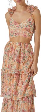 ASTR the Label Floral Ruffle Strap Plissé Crop Top