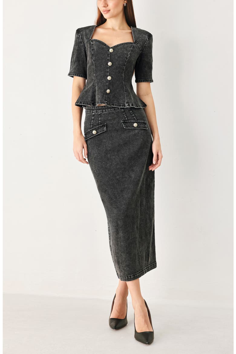 Acid-Washed Denim Pencil Midi Skirt, Alternate, color, BLACK