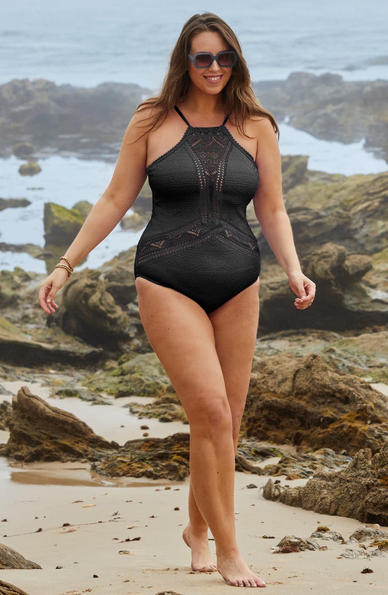 Becca Etc. Colorplay Lace Overlay One-Piece Swimsuit, Alternate, color, Black