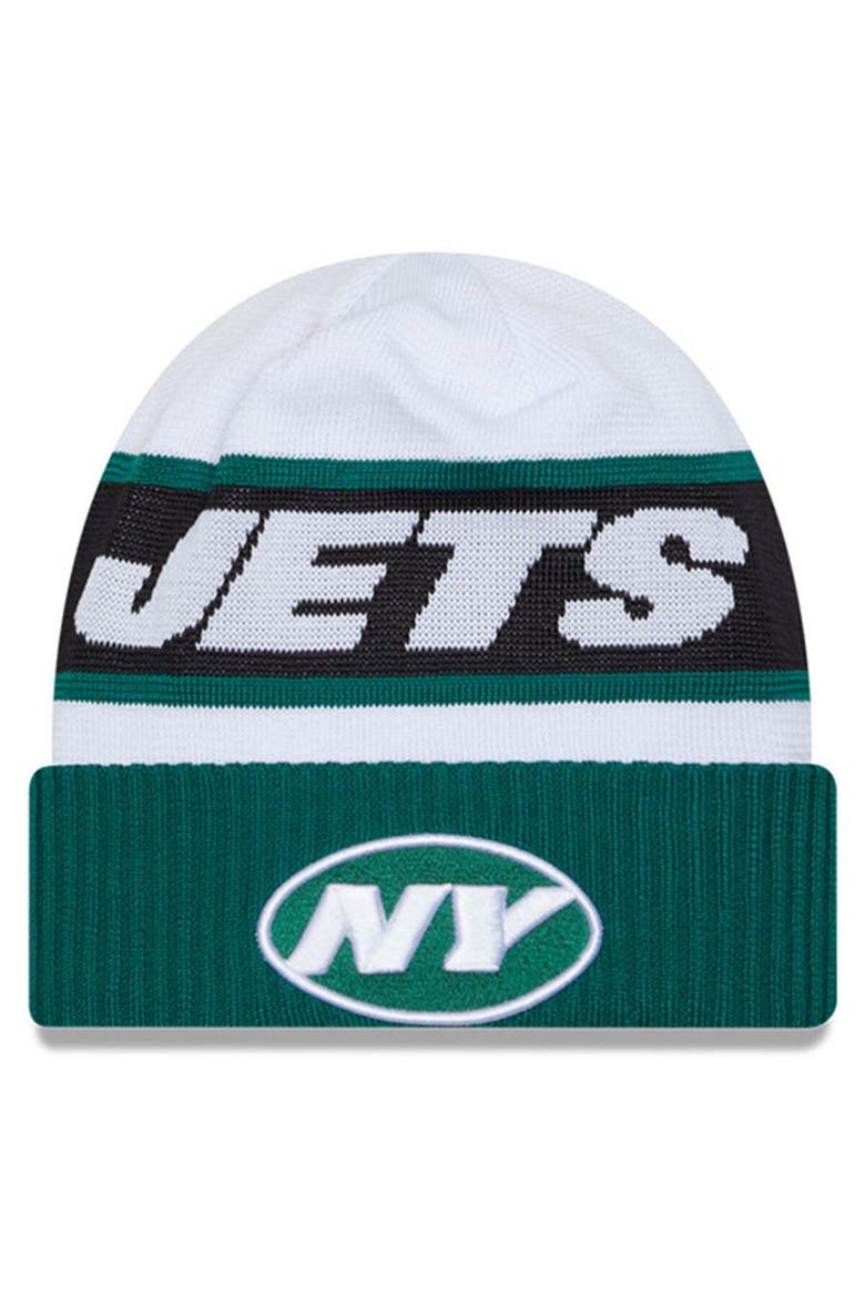 Men's New Era  White/Green New York Jets 2023 Sideline Tech Cuffed Knit Hat, Main, color, White