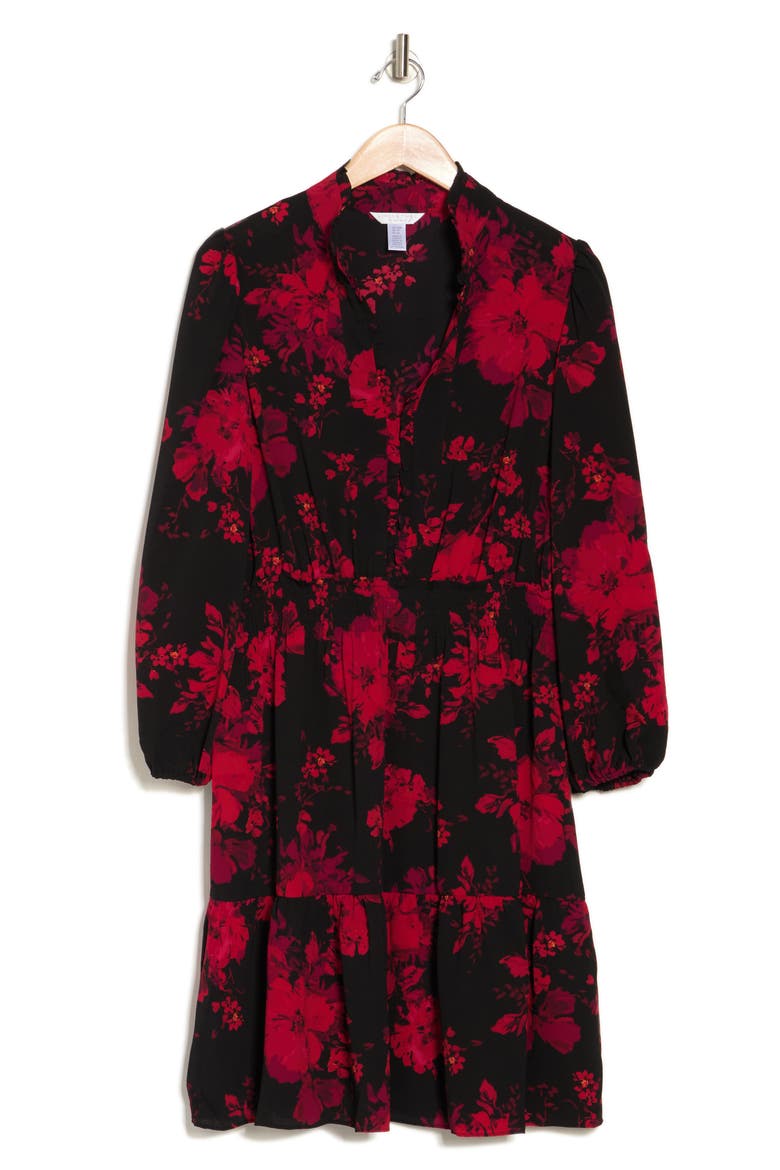 Floral Long Sleeve Tiered Dress, Alternate, color, BLACK/ WINE