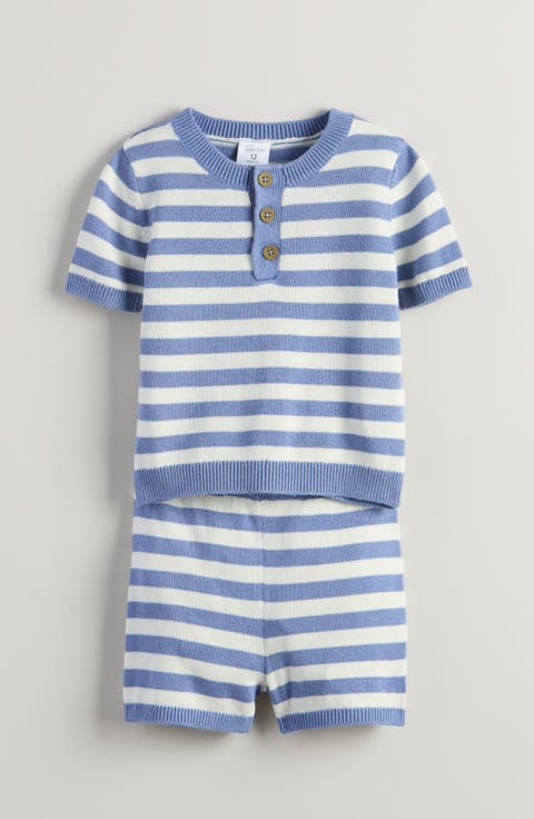 Stripe Short Sleeve Knit Henley & Shorts Set (Baby)