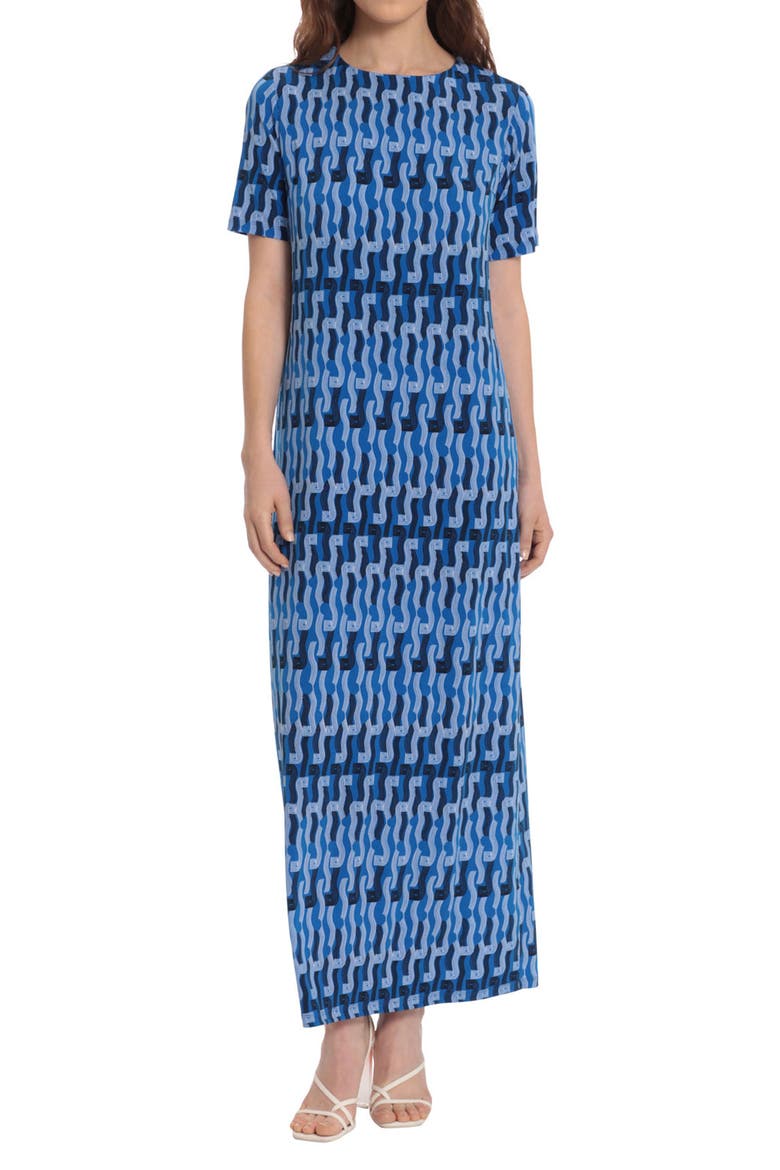 Geo Scroll Print Short Sleeve Dress, Main, color, ROYAL BLUE/ SOFT SKY BLUE