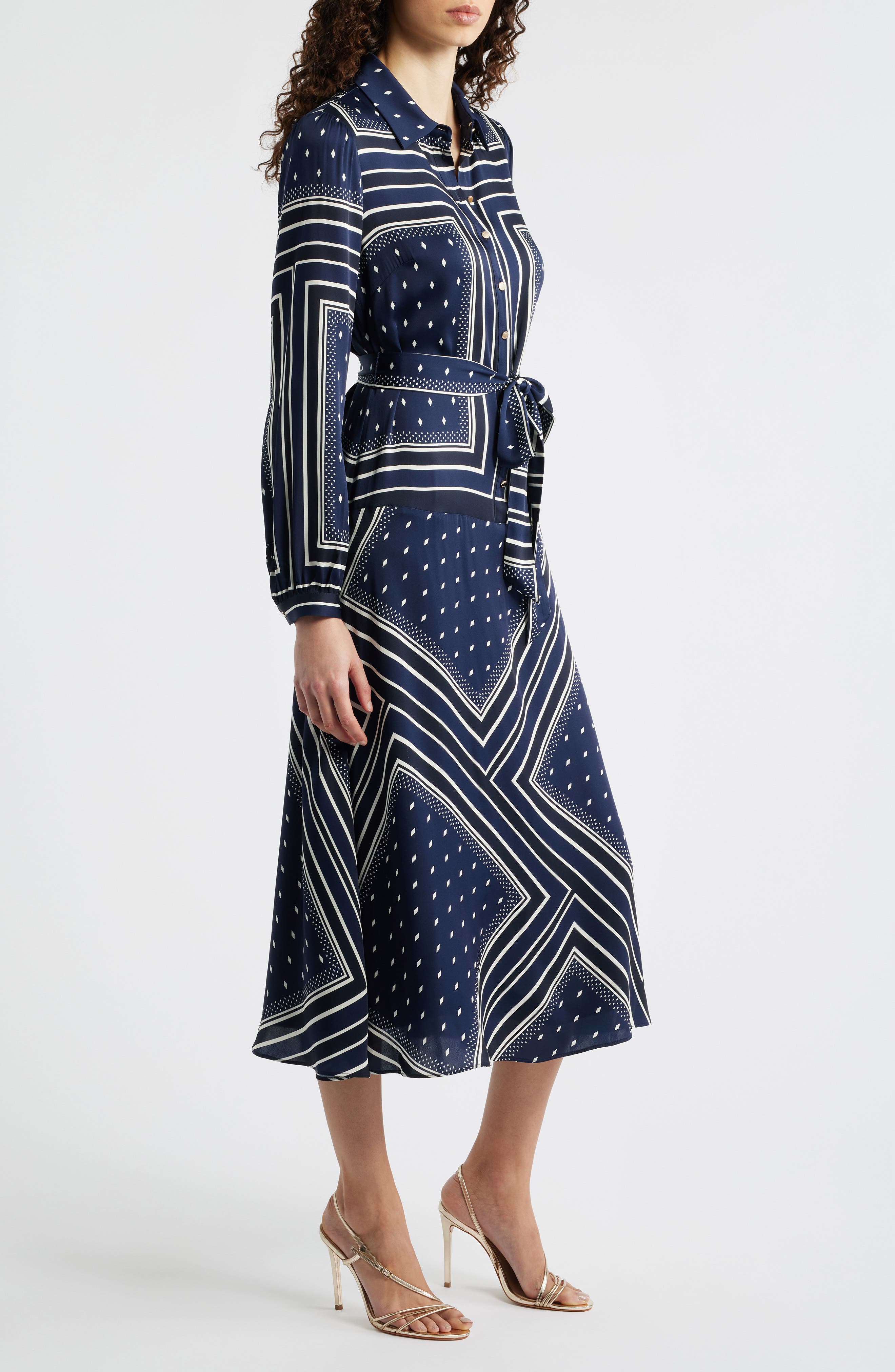 Elie Tahari The Hollie Diamond Rain Print Long Sleeve Silk Blend Midi ...