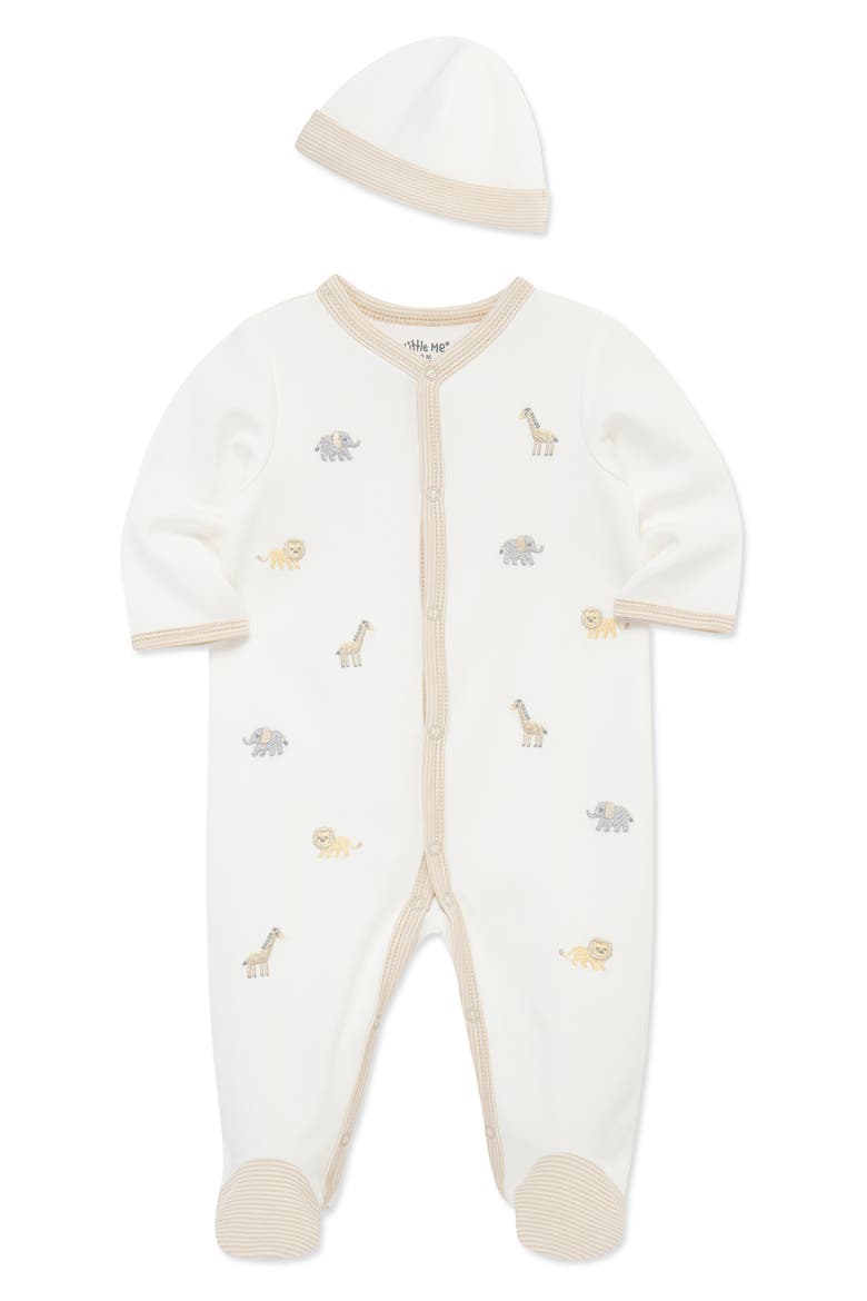 Jungle Schiffli Embroidered Cotton Snap Footie & Hat Set (Nordstrom Exclusive), Alternate, color, WHITE