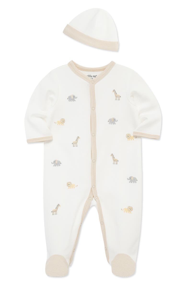 Little Me Jungle Schiffli Embroidered Cotton Snap Footie & Hat Set, Alternate, color, White