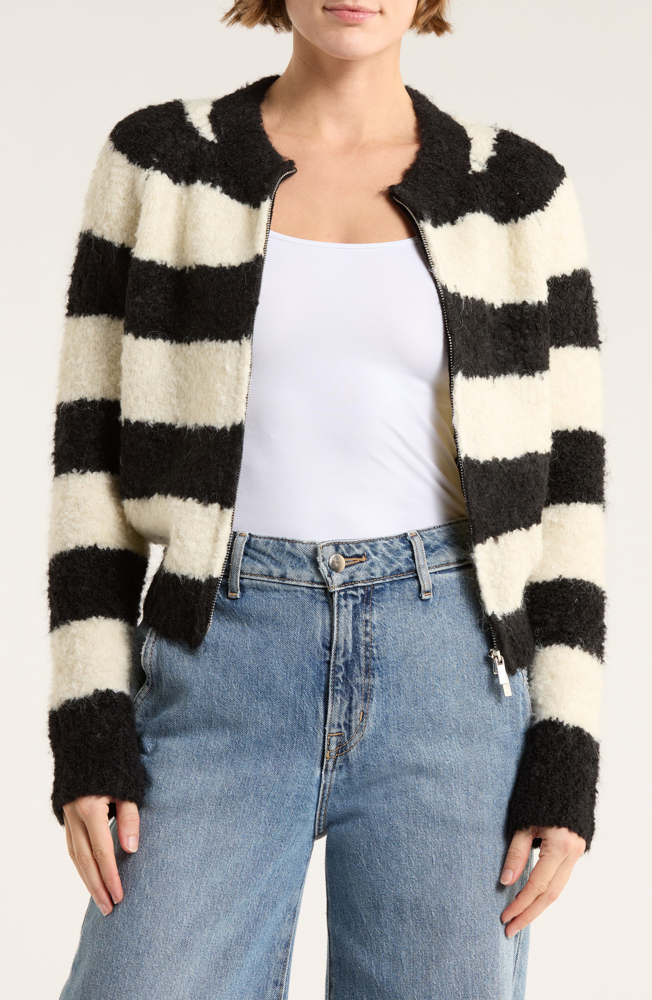FRNCH Stripe Bouclé Full Zip Cardigan
