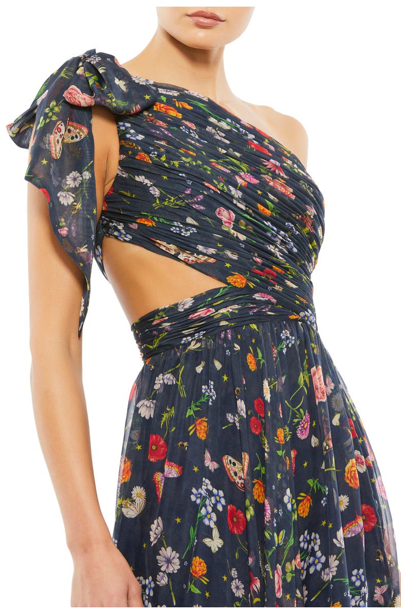 Mac Duggal Petite Tied One Shoulder Cut-Out Flowy Gown, Alternate, color, Navy Multi