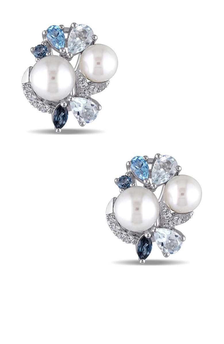 DELMAR Sterling Silver Lab Created White Sapphire, Blue Topaz & 6.5-8mm Cultured Freshwater Pearl Stud Earrings, Main, color,