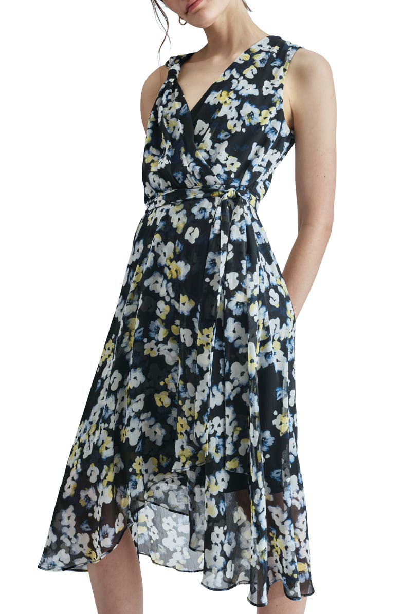 DKNY Surplice V-Neck Faux Wrap Midi Dress, Alternate, color, Navy/ Lemon