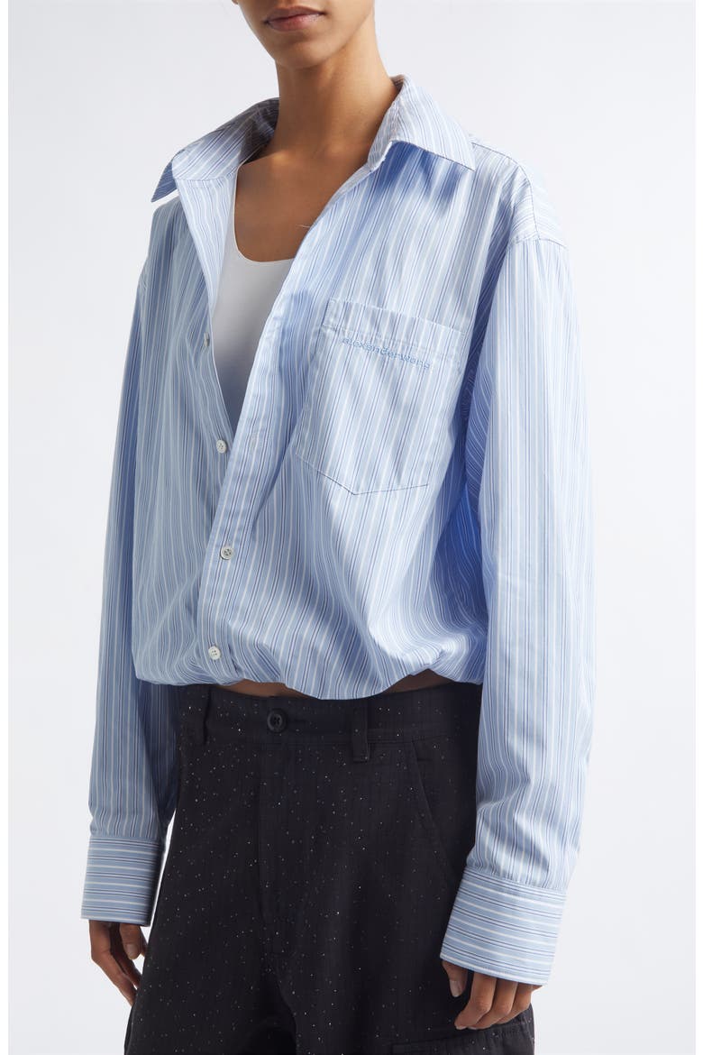Pre-Styled Gathered Button-Up Shirt with Tank, Alternate, color, LIGHT BLUE STRIPE