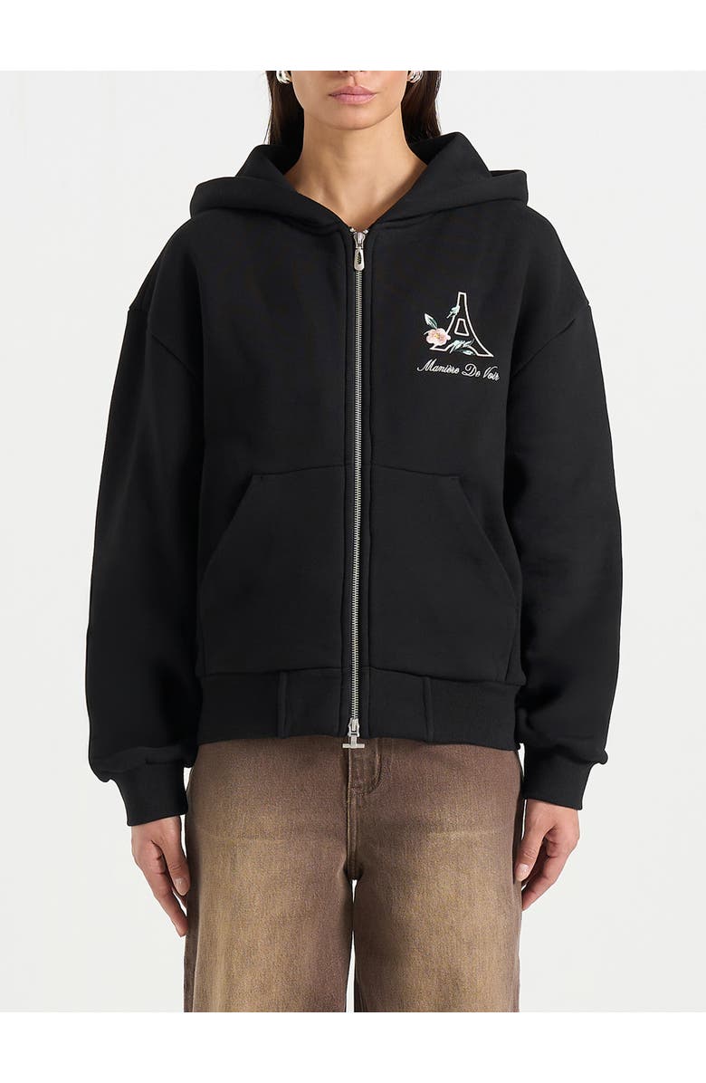 Manière De Voir Unisex Floral Eiffel Zip Hoodie, Main, color, Black