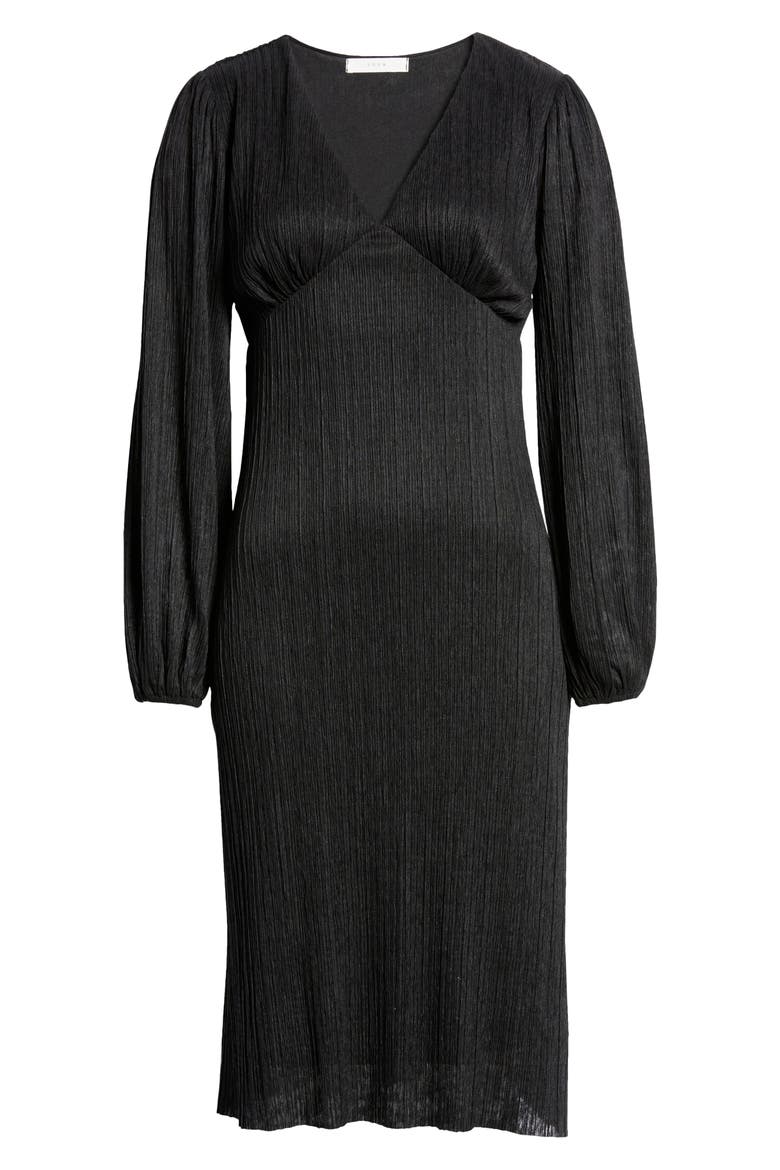 Plissé Empire Waist Midi Dress, Alternate, color, BLACK