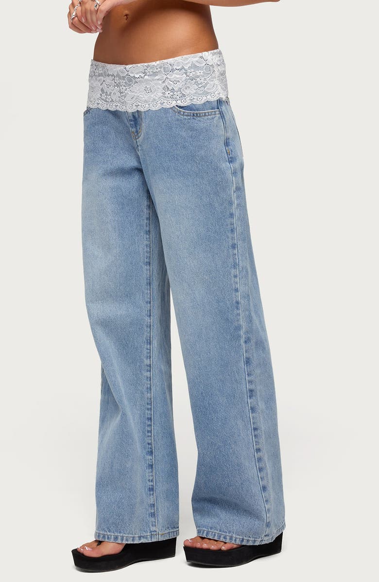 EDIKTED Lace Foldover Low Rise Baggy Pants, Alternate, color, Blue-Vintage-Washed