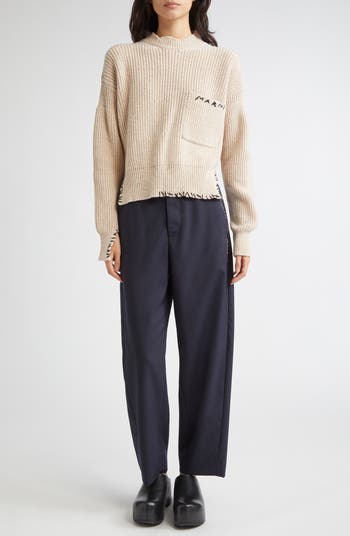 Elastic Waist Wool Straight Leg Trousers