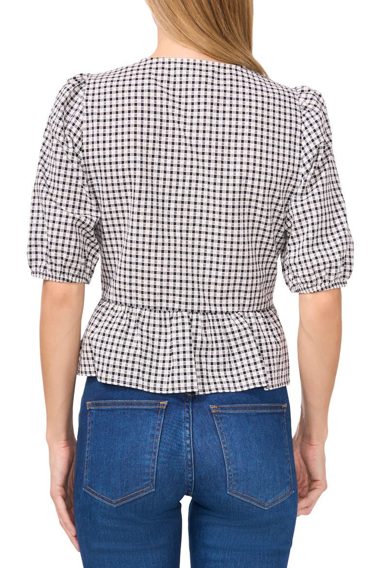 Gingham Bow Front Cotton Peplum Top, Alternate, color, RICH BLACK