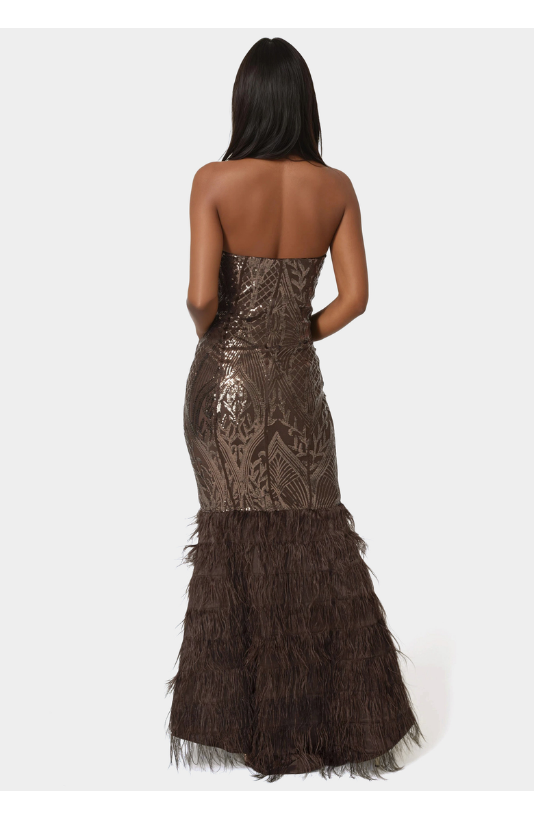 bebe Sequin Feather Gown, Alternate, color, Chocolate
