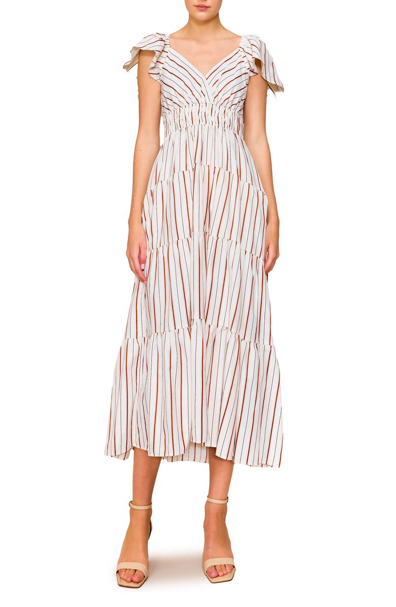 MELLODAY Stripe Flutter Sleeve Maxi Dress, Main, color, Ivory/ Rust Stripe