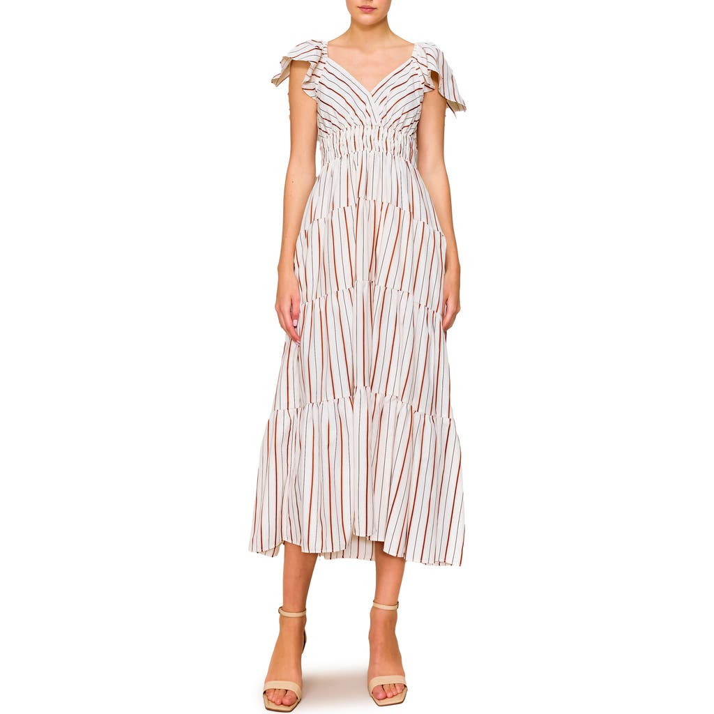 Melloday Stripe Flutter Sleeve Maxi Dress In Ivory/rust Stripe