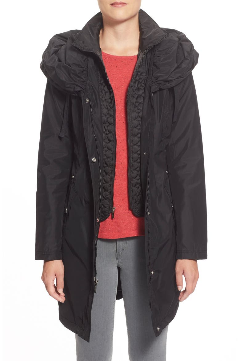 Pillow Collar Raincoat with Detachable Quilted Hooded Bib Insert, Alternate, color, BLACK