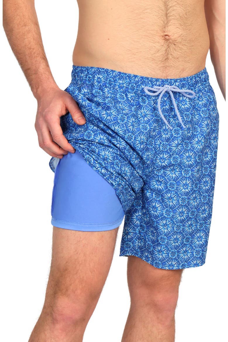 Tie Dye Print Swim Trunks, Alternate, color, BLUE