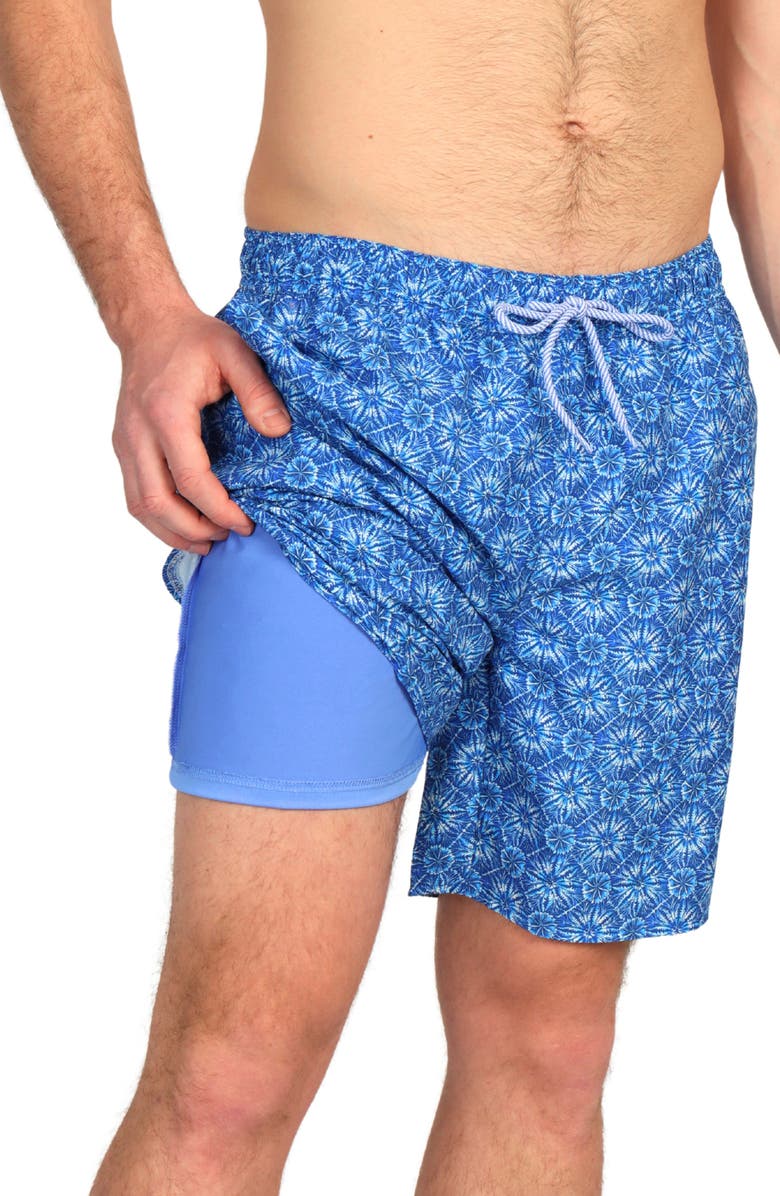 TailorByrd Tie Dye Print Swim Trunks, Alternate, color, Blue