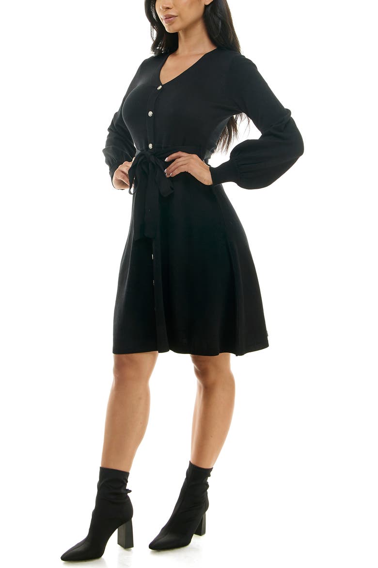 Waist Tie Ribbed Long Sleeve Sweater Dress, Alternate, color, BLACK