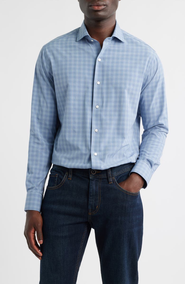 Peter Millar Reese Shadow Check Performance Poplin Button-Up Shirt, Main, color, Rain Cloud