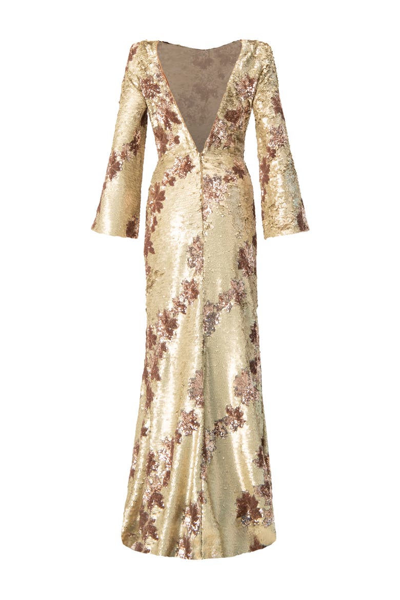 Floral Sequin Gown with Open Back, Alternate, color, Gold