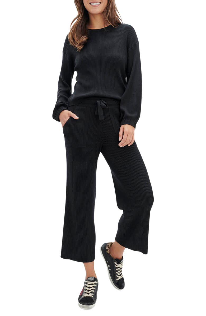 Splendid Georgie Rib Wide Leg Crop Pants, Alternate, color, Black