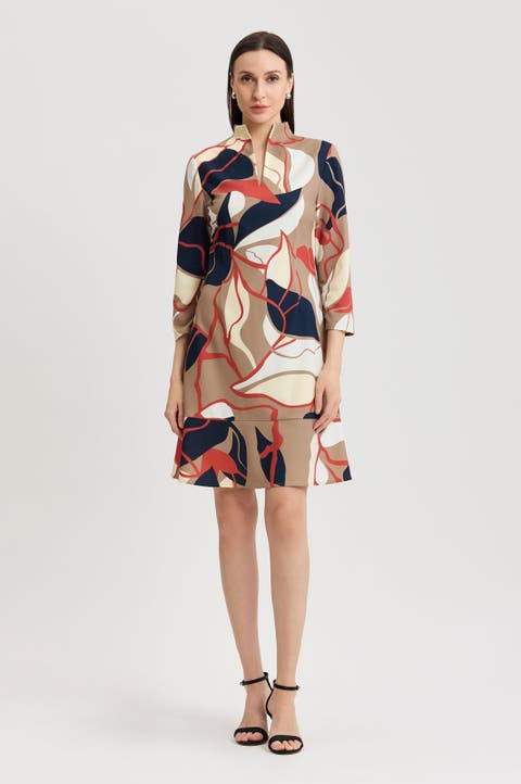 Abstract Floral Printed Stretch Deco Crepe Dress