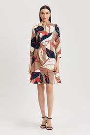 Ming Wang Abstract Floral Printed Stretch Deco Crepe Dress