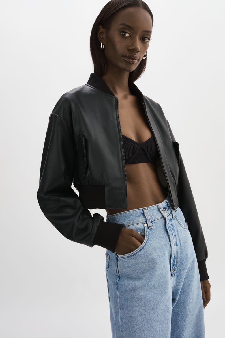 EVELIN | Cropped Faux Leather Bomber Jacket, Alternate, color, Black
