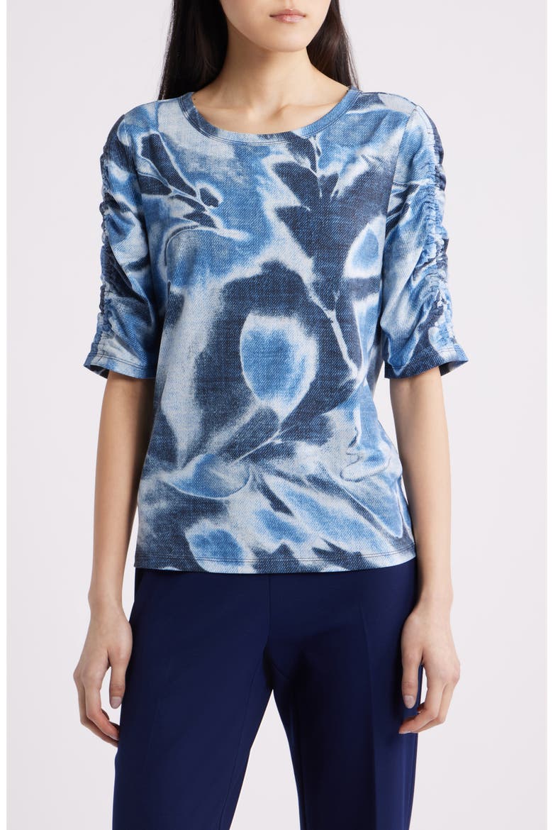 Print Ruched Elbow Sleeve Top, Main, color, DISTANT MOUNTAIN MULTI