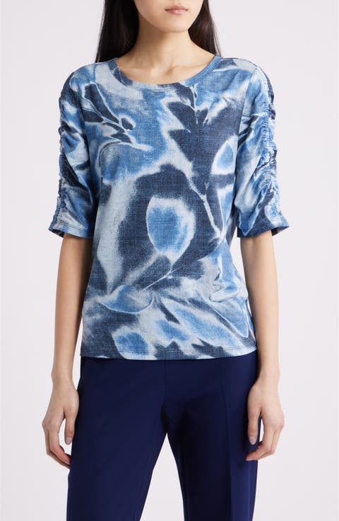 Print Ruched Elbow Sleeve Top
