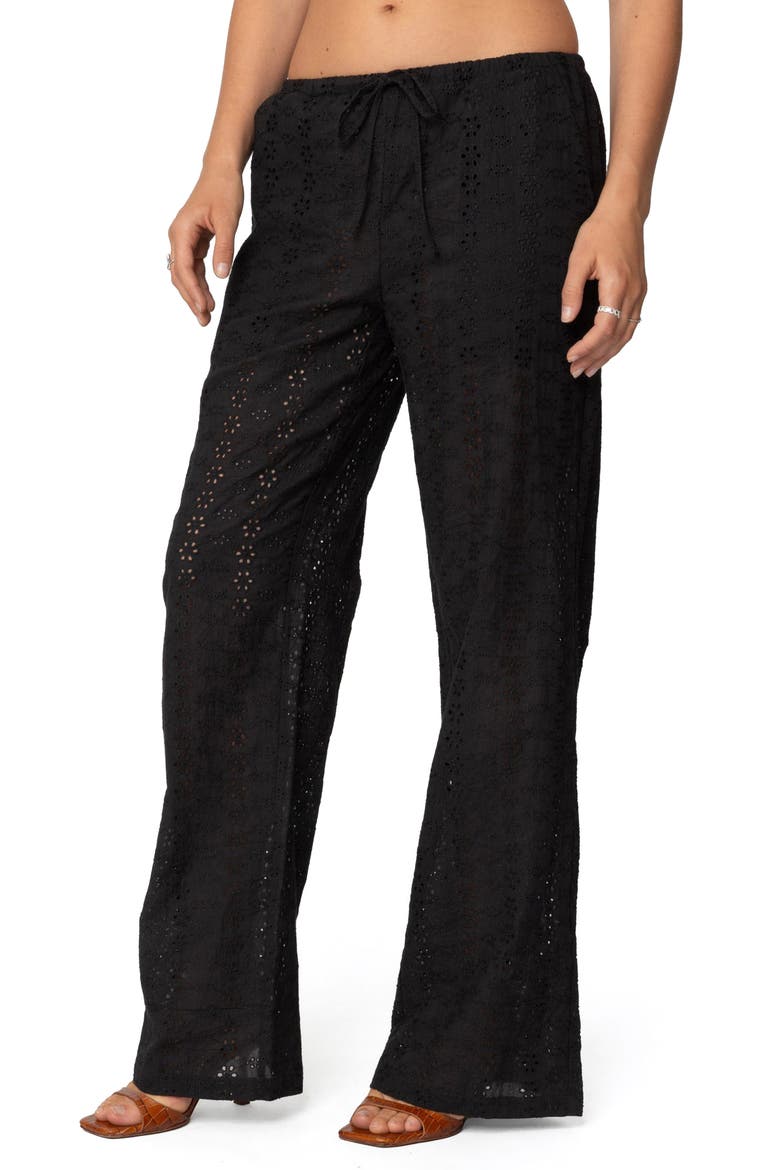 Lemon Eyelet Cotton Drawstring Pants, Alternate, color, BLACK
