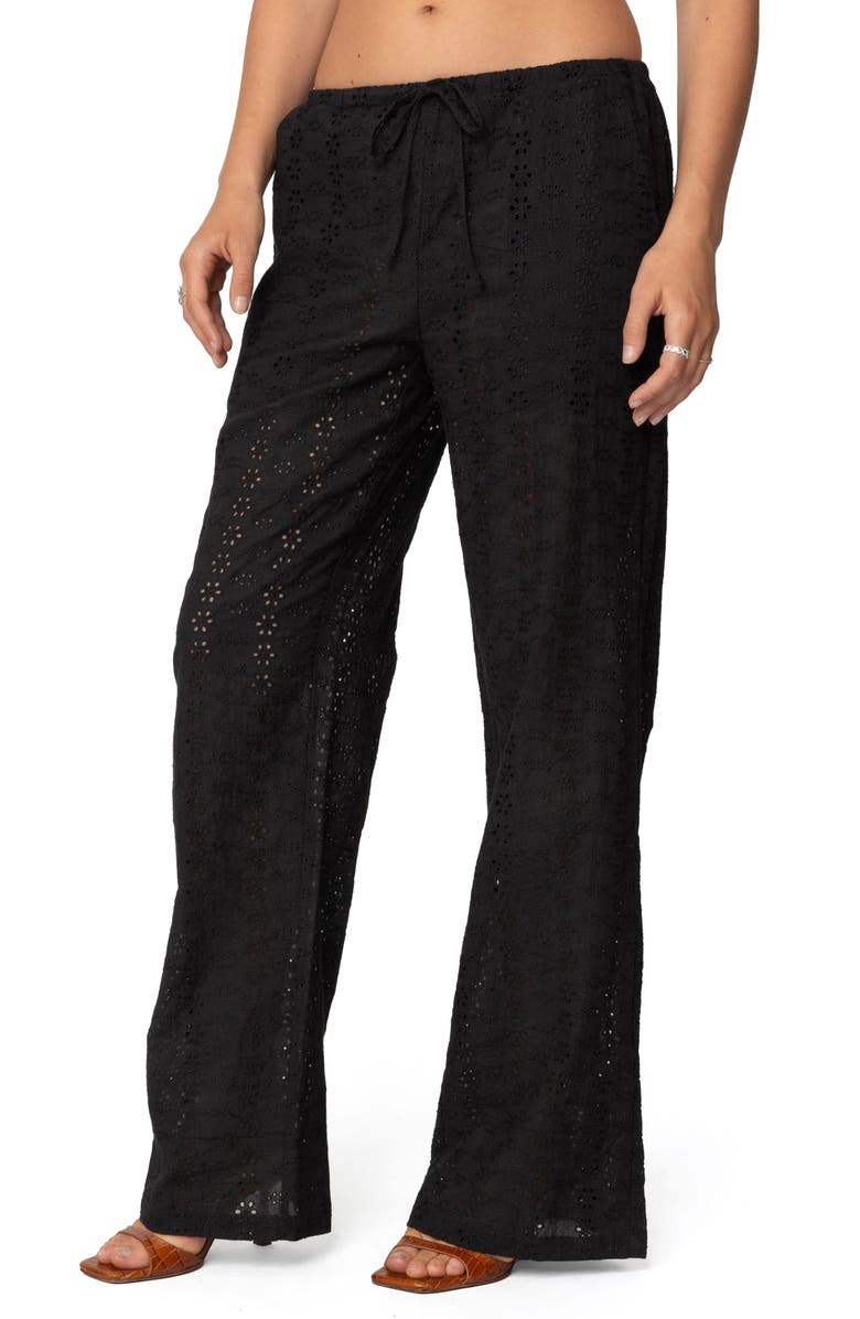 EDIKTED Lemon Eyelet Cotton Drawstring Pants, Alternate, color, Black