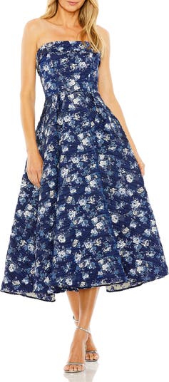 Floral Strapless Brocade Midi Dress