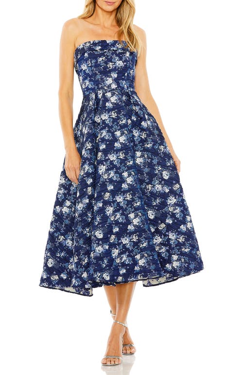 Mac Duggal Floral Strapless Brocade Midi Cocktail Dress In Blue Multi