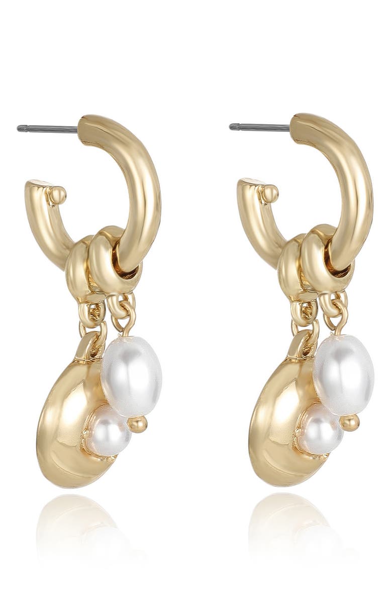 Ettika Faux Pearl Charm Huggie Hoop Earrings, Alternate, color, Gold