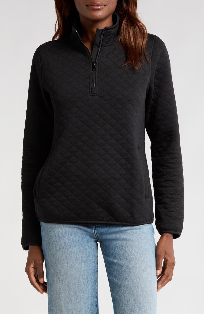 Marine Layer Corbet Quilted Quarter Zip Pullover, Main, color, Black Heather