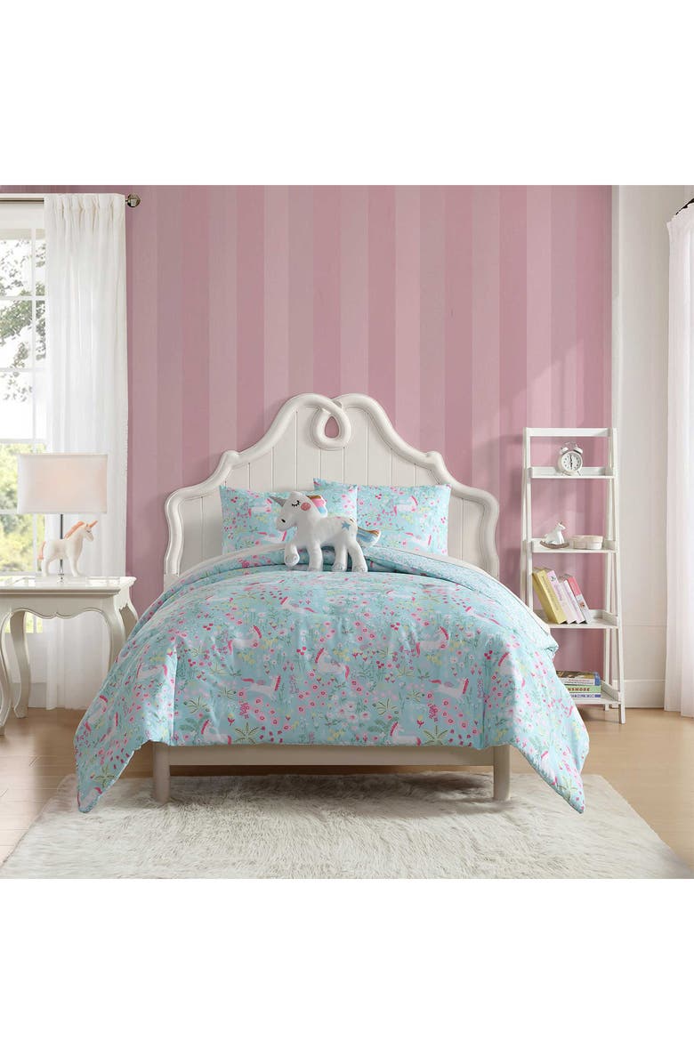 Laura Ashley Magical Unicorns 3-Piece Twin Microfiber Comforter & Sham Set, Alternate, color, Bright Blue