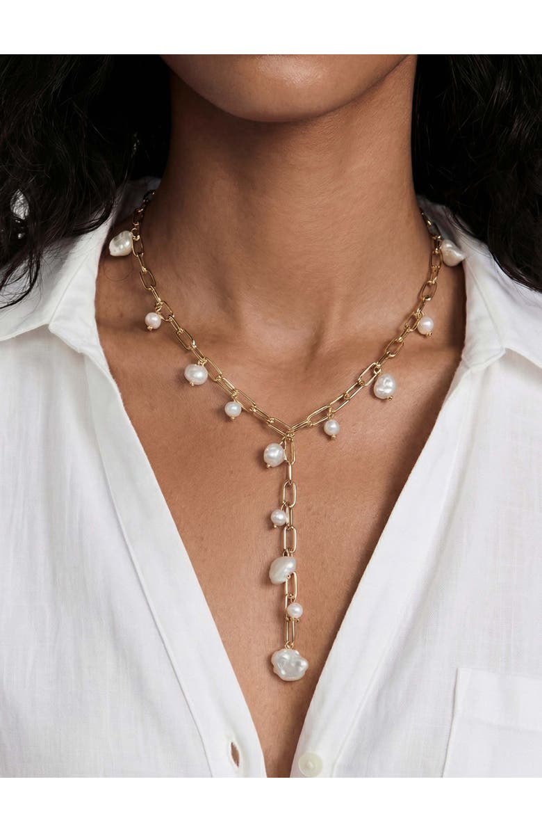 Ettika Faux Pearl Charm Y-Necklace, Alternate, color, White/ Gold